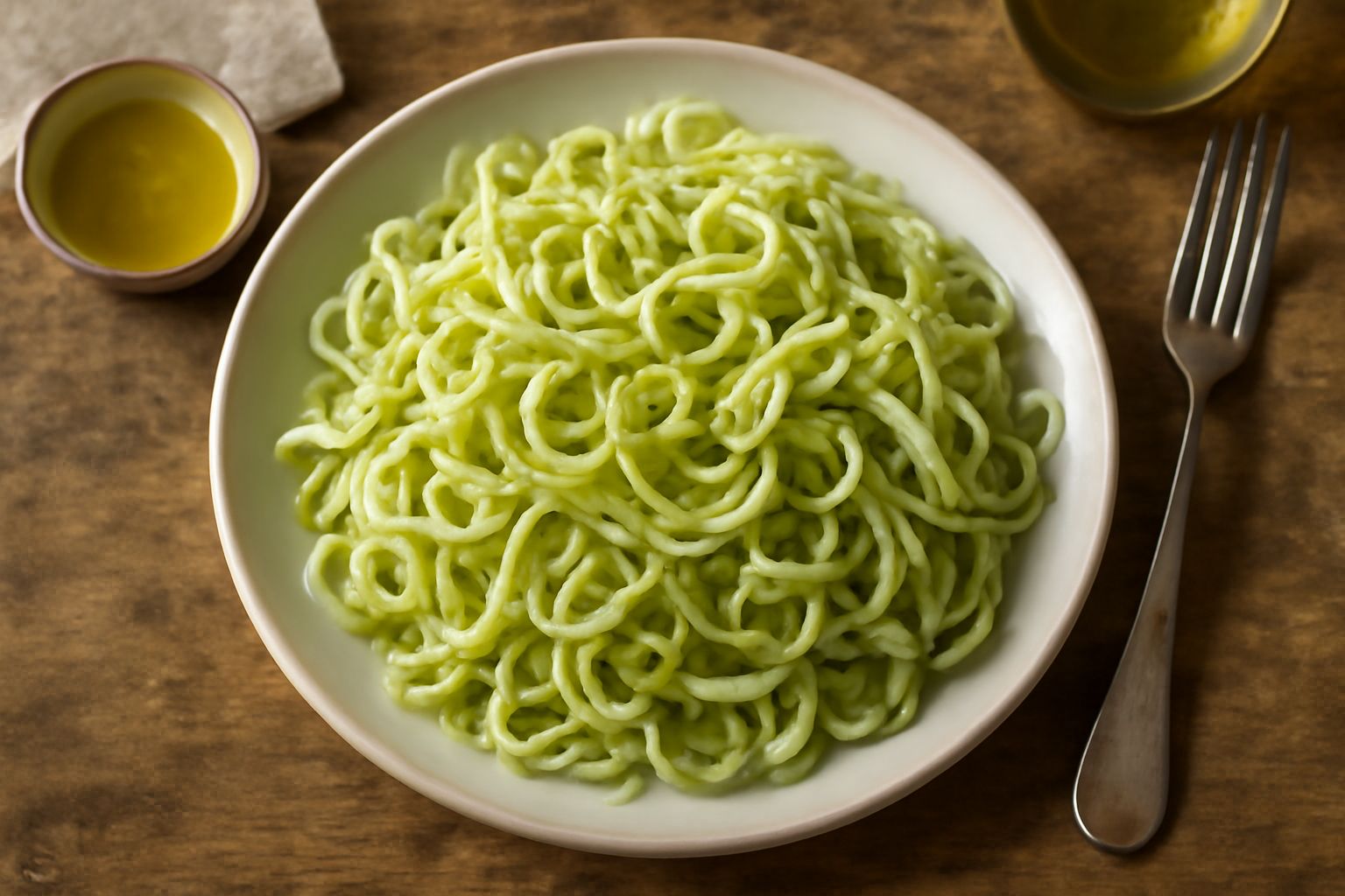 Insalata di puntarelle tagliate sottili e arricciolate, bianche e verdi chiaro, servite in un piatto di ceramica bianca con condimento di olio e gocce di limone, guarnita da un filo d'olio extravergin