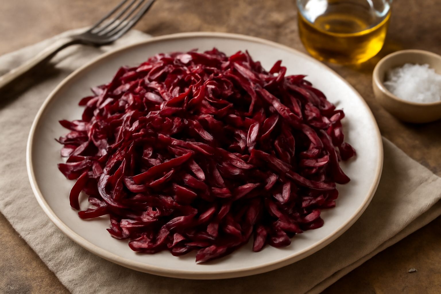 Insalata di radicchio rosso intenso tagliato a striscioline sottili, condito con olio d'oliva lucido e sale, servito in un piatto bianco con bordo grigio, accanto a un bicchiere d'acqua