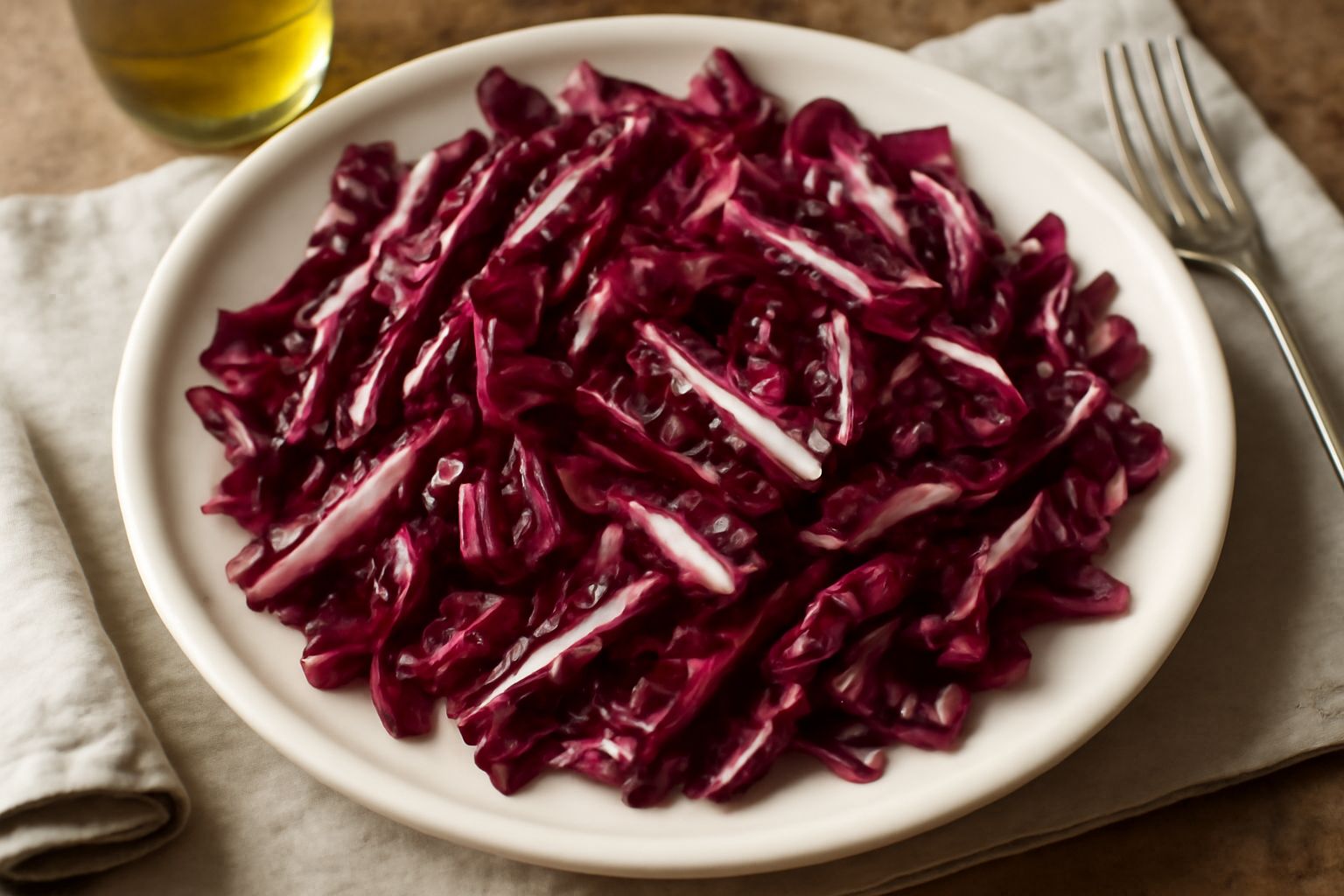 Piatto di ceramica bianca con insalata di radicchio di Castelnovo a foglie rosse con venature bianche tagliate in strisce, condite con olio di oliva dorato, scaglie di parmigiano e limone fresco a fet