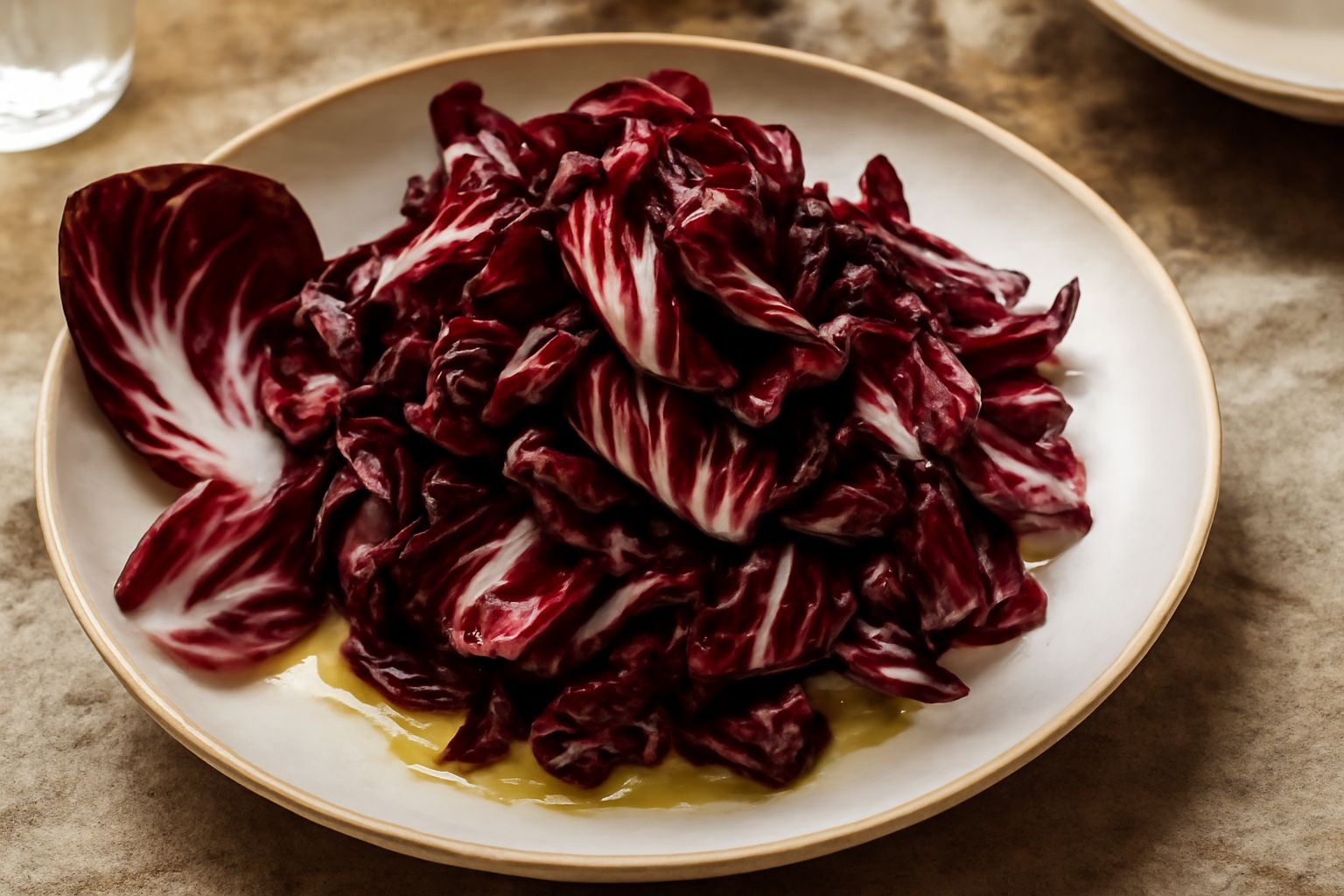 Insalata di radicchio rosso scuro con foglie croccanti e brillanti, condita con olio dorato, su un piatto bianco di ceramica con orlo largo, accompagnata da qualche foglia intera ai lati