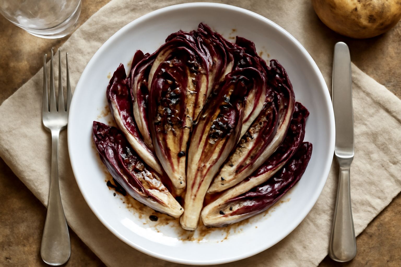 Insalata di radicchio rosso scuro affettato finemente in una ciotola bianca, condita con olio d'oliva dorato e sale grosso, foglie intatte ancora croccanti