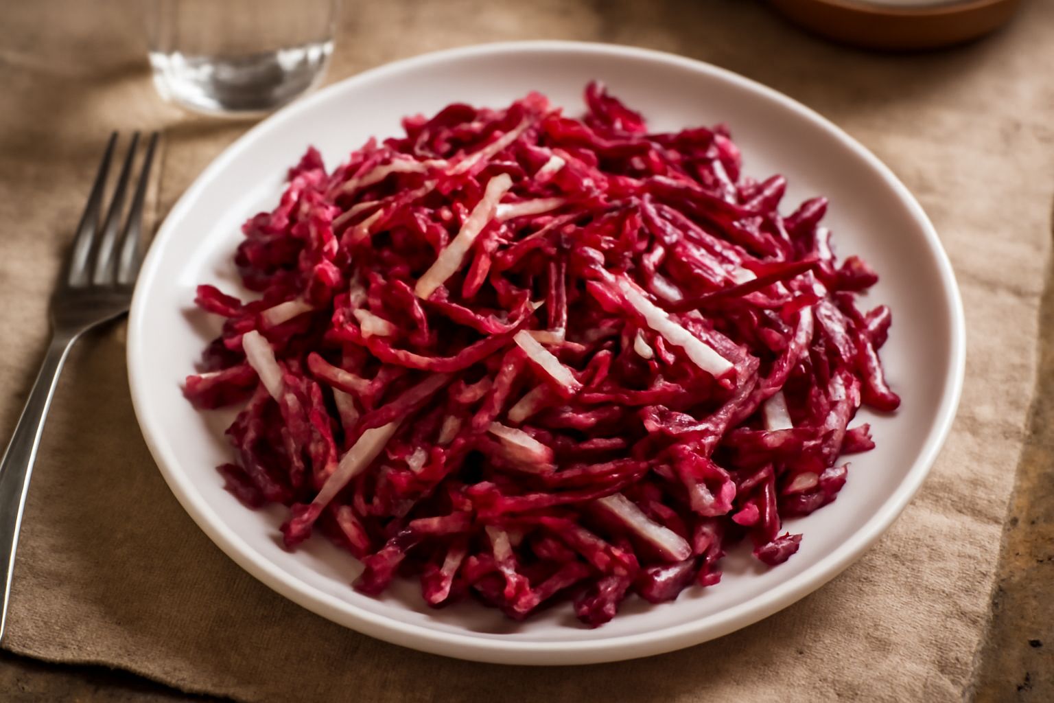 Insalata di radicchio di Verona rosso intenso tagliato a strisce fini in un piatto bianco, con olio d'oliva lucido, un pizzico di sale grosso e foglie integre visibili tra i taglietti