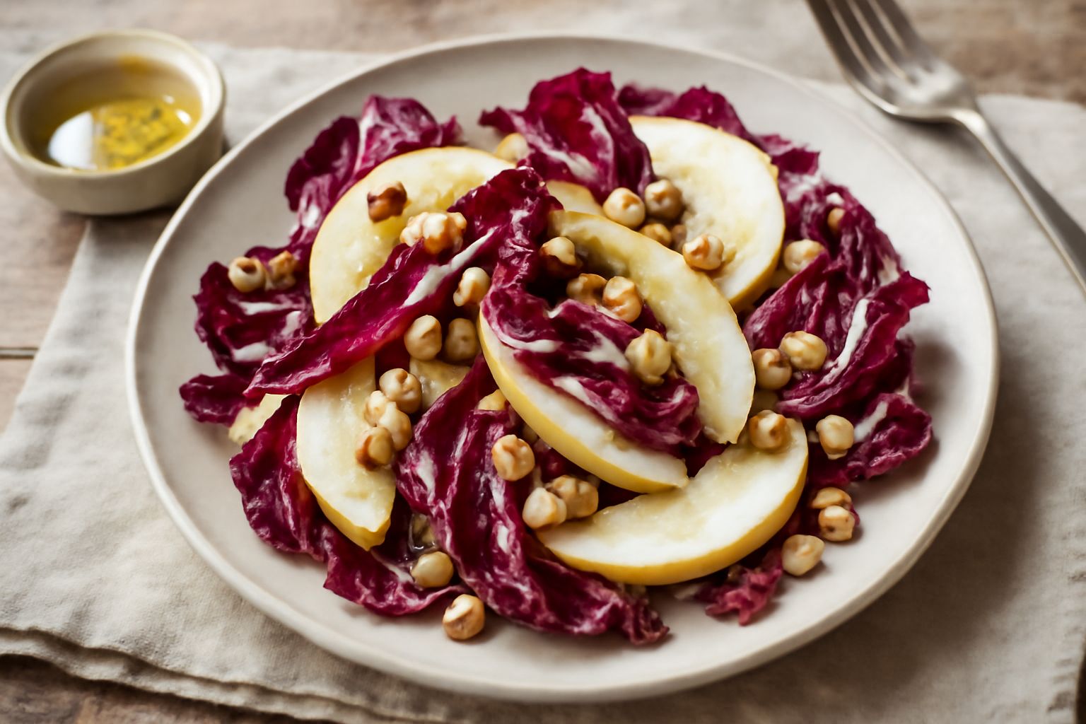 Insalata di radicchio rosso scuro tagliato a striscioline sottili e mele gialle tagliate a julienne, servita in un piatto bianco, con una vinaigrette trasparente e nocciole tostate sparse