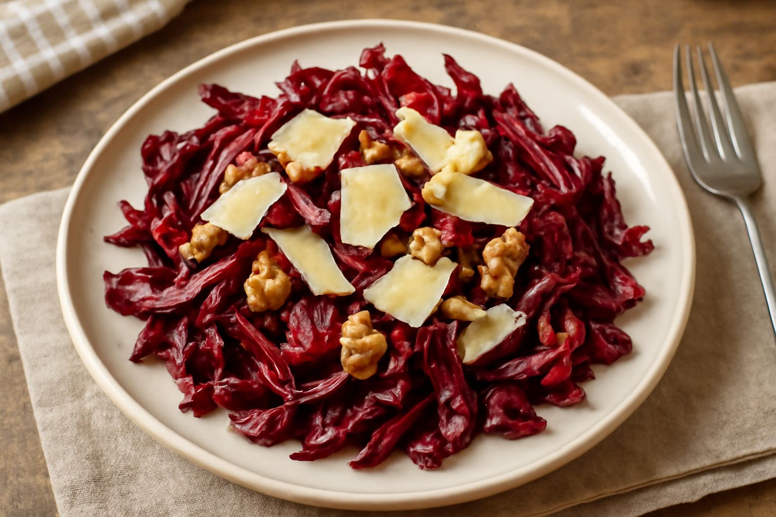 Insalata di radicchio rosso servita in un piatto bianco, con foglie intere e tagliate a striscioline dal colore rosso scuro, condita con olio e sale, guarnita da scaglie di parmigiano