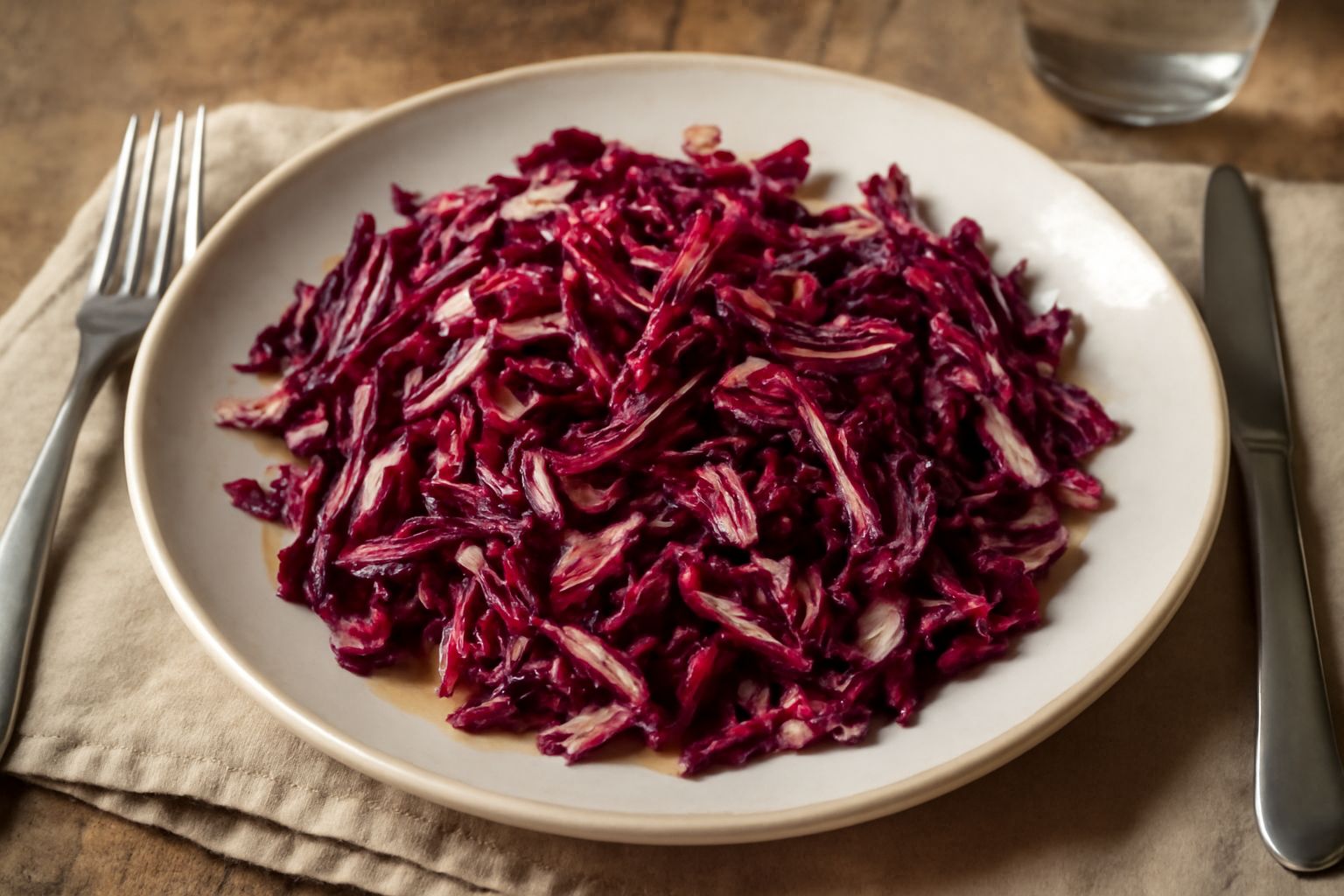 Insalata di radicchio rosso intenso tagliato a julienne sottile, condita con olio d'oliva e sale, in una ciotola di ceramica bianca su un piano di legno grezzo