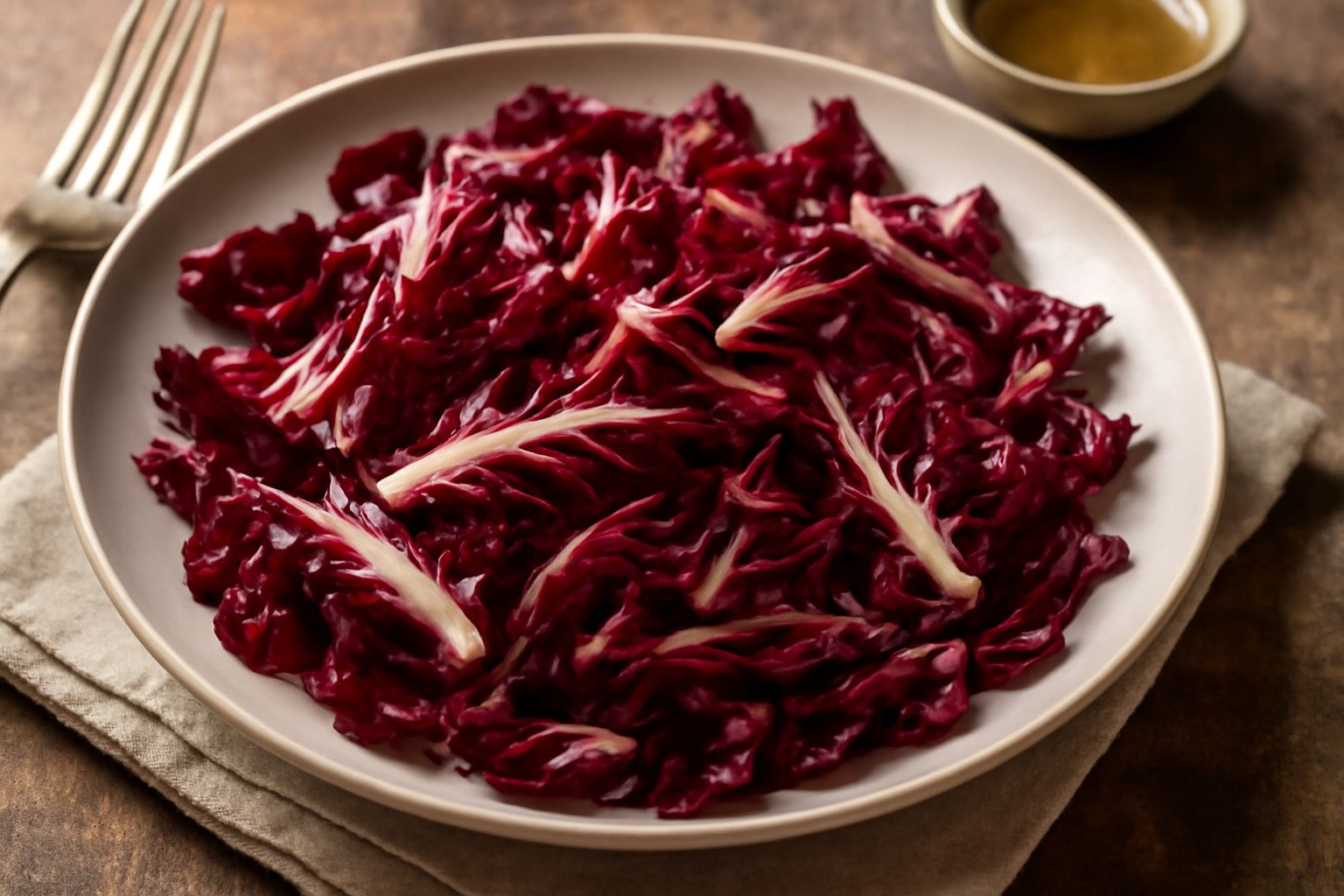 Insalata di radicchio rosso di Treviso in ciotola bianca, foglie frastagliate di colore rosso scuro con nervature bianche ben visibili, condita con gocce di olio dorato, fette sottili di limone giallo