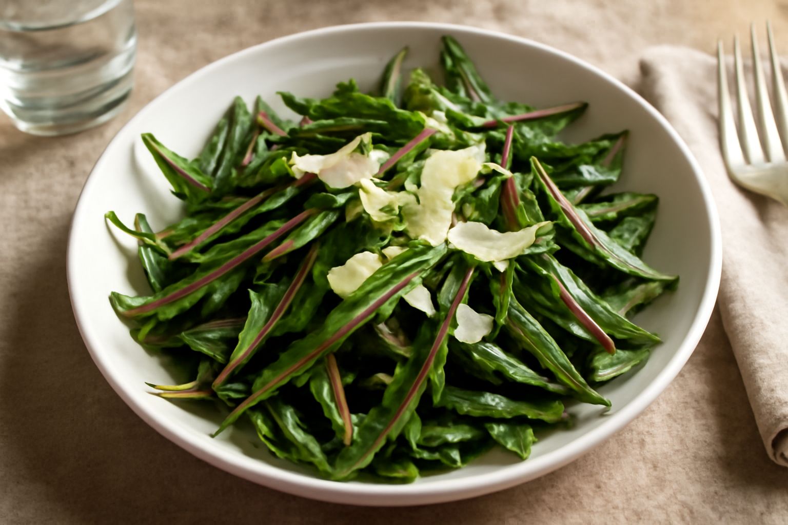 Insalata di radicchio selvatico servita in una ciotola bianca: foglie verde scuro frastagliate con nervature viola, scaglie dorate di parmigiano sparse in superficie, gocce di olio brillante, due fett
