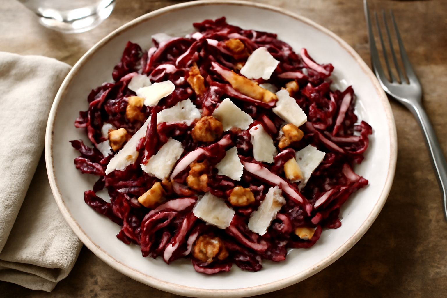 Insalata di radicchio rosso scuro tagliato a striscie sottili in una ciotola bianca, con noci tostate, fettine di parmigiano e olio che brilla sulla superficie