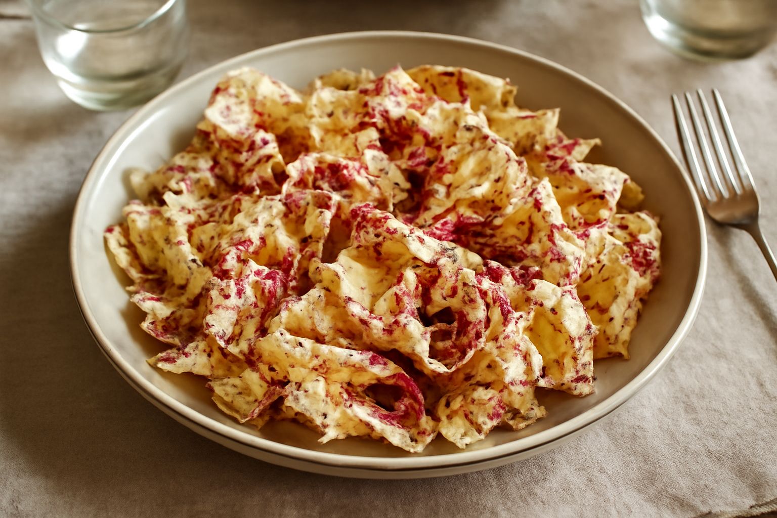 Insalata di radicchio variegato di Castelfranco servita in una ciotola di ceramica bianca, foglie sfogliate di color bianco e rosso vinaccia, condite con olio dorato e grani di sale marino, su sfondo 