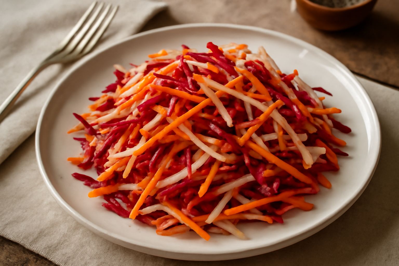Insalata di radici in una ciotola bianca: julienne di barbabietola rosso scuro, carota arancione, sedano rapa bianco e rapa bianca, condita con olio e limone, foglie di prezzemolo fresco sparse in sup