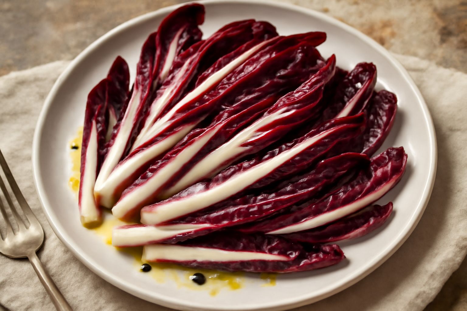 Insalata di radicchio rosso di Treviso in ciotola bianca: foglie lunghe e rosse con nervature bianche, condite con olio dorato e gocce di aceto, spruzzate di sale fino
