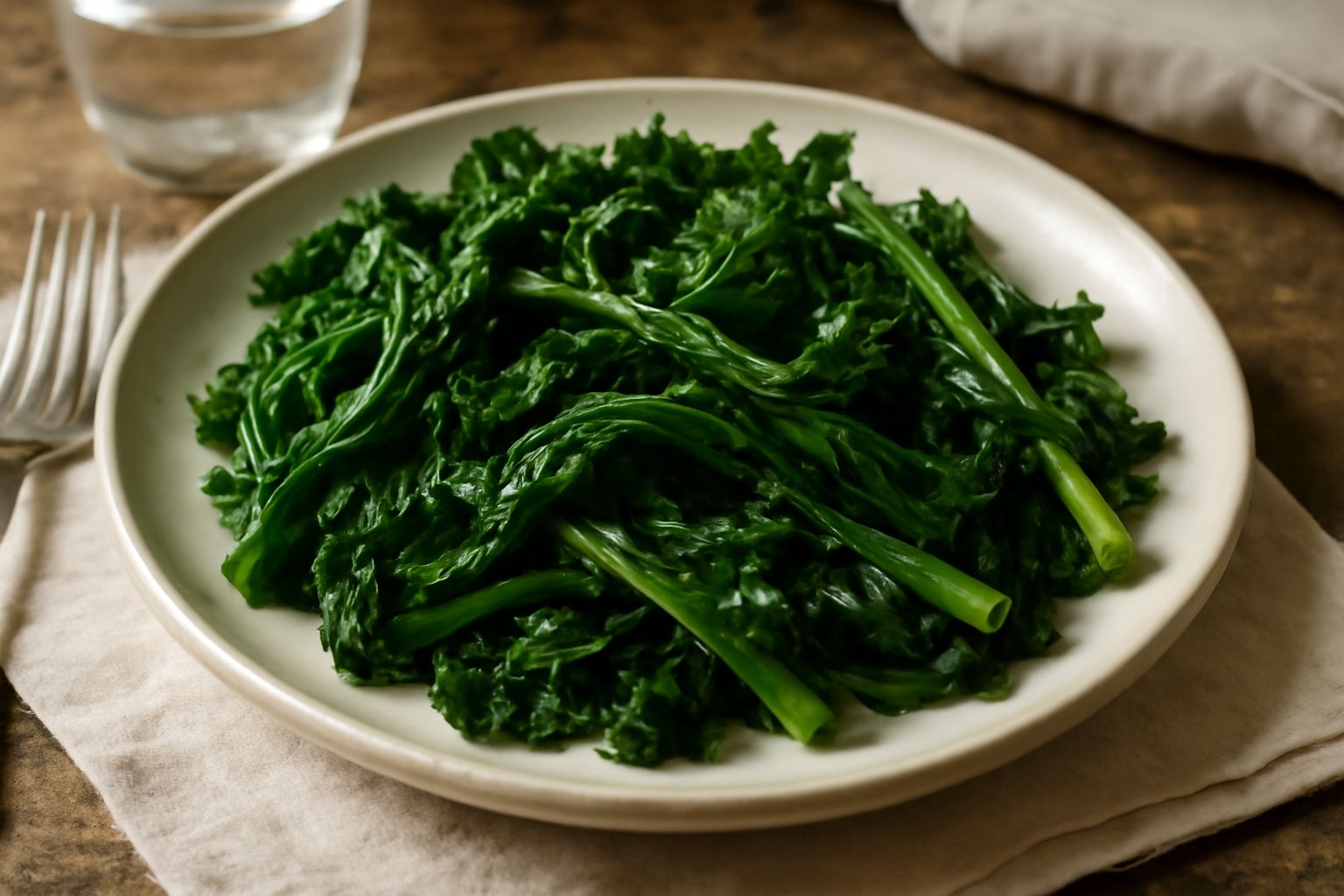 Insalata di rapa in una ciotola bianca, foglie verde scuro croccanti, condita con olio e sale, accompagnata da limone fresco tagliato a metà