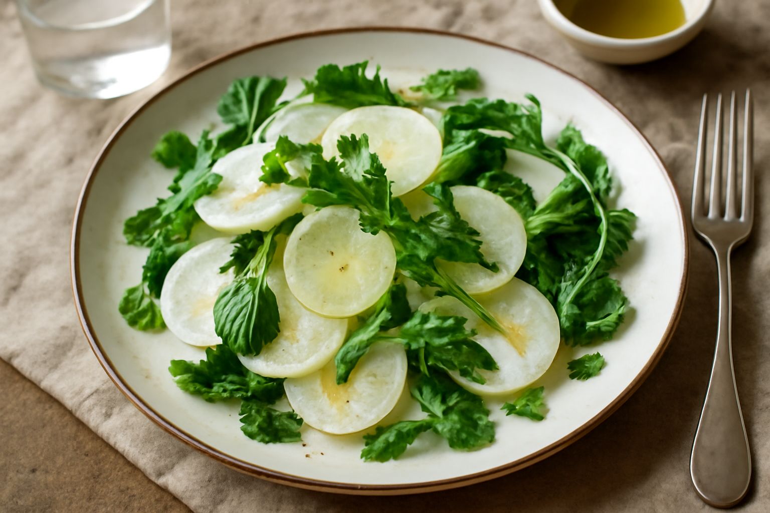 Insalata di rape finita in ciotola di vetro: fettine bianche e trasparenti di radice fresca, foglie verdi tenere, con gocce di olio brillante e scaglie di sale marino sulla superficie