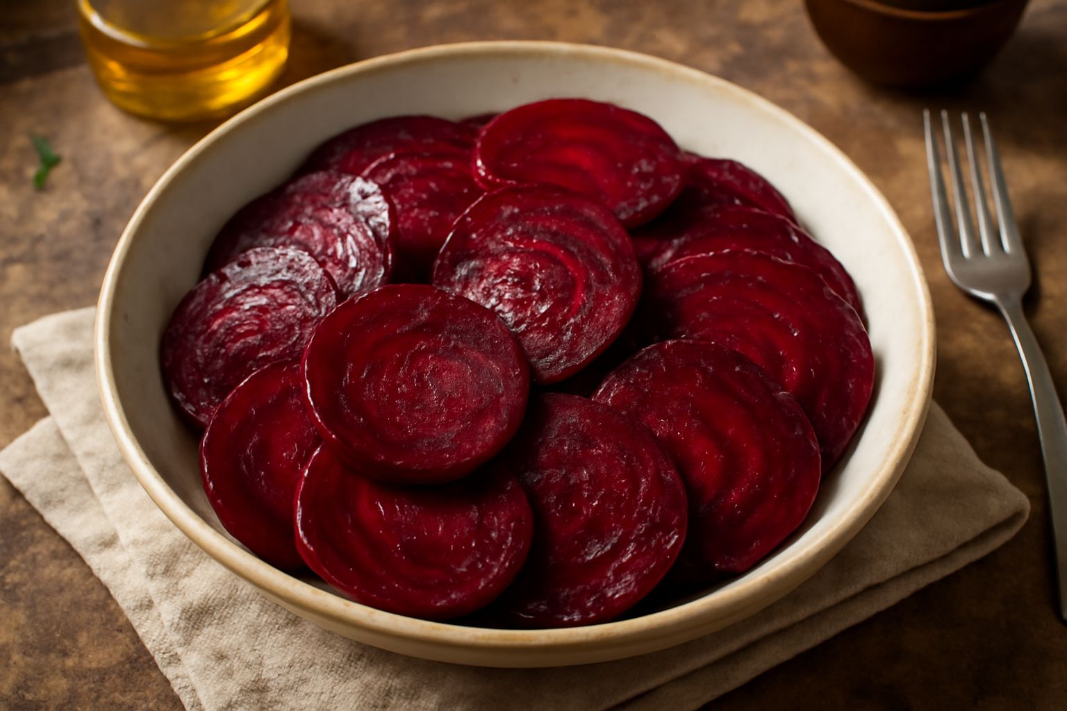 Insalata di rape rosse affettate sottili e croccanti in una ciotola bianca, condita con olio d'oliva e aceto, decorata con qualche foglia verde di prezzemolo fresco