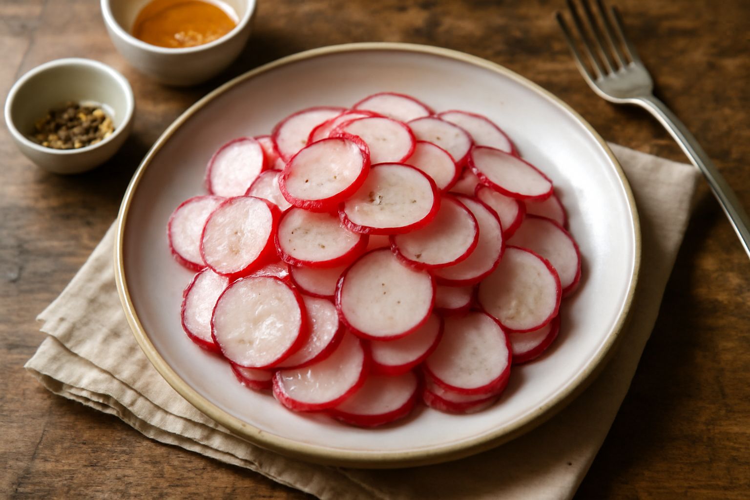 Insalata di ravanelli affettati sottili, rosa acceso e bianchi, in una ciotola di ceramica bianca con foglie di prezzemolo verde e gocce d'olio