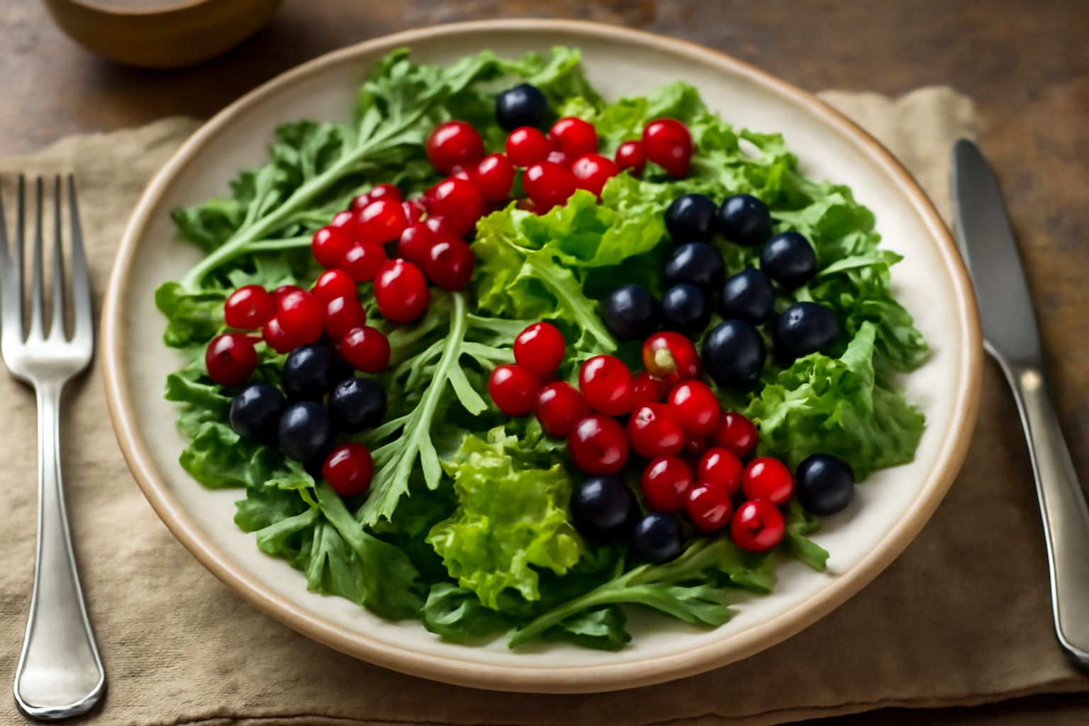 Insalata di ribes servita in un piatto bianco, con foglie di rucola e lattuga verde, grappoli di ribes rosso e nero brillanti, nocciole tostate sparse, fondo bianco pulito con luce naturale