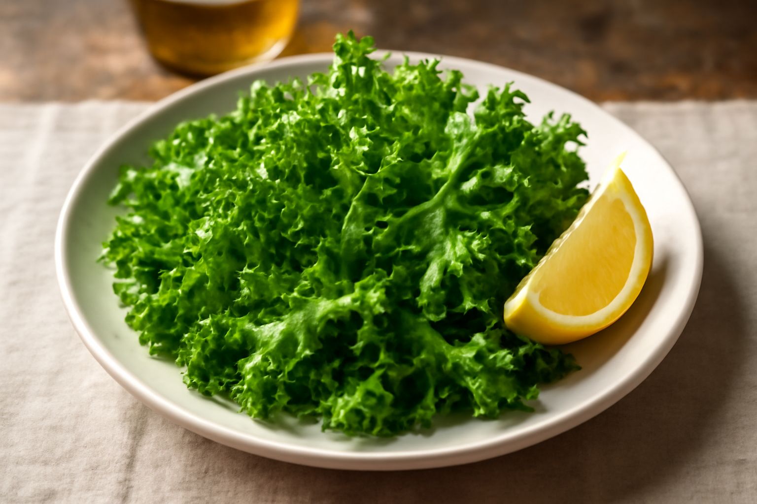 Insalata di riccia verde intenso con foglie arricciate, olio d'oliva dorato, qualche goccia di limone appena spremuto, ciotola di ceramica, forchetta piccola di legno sul tavolo