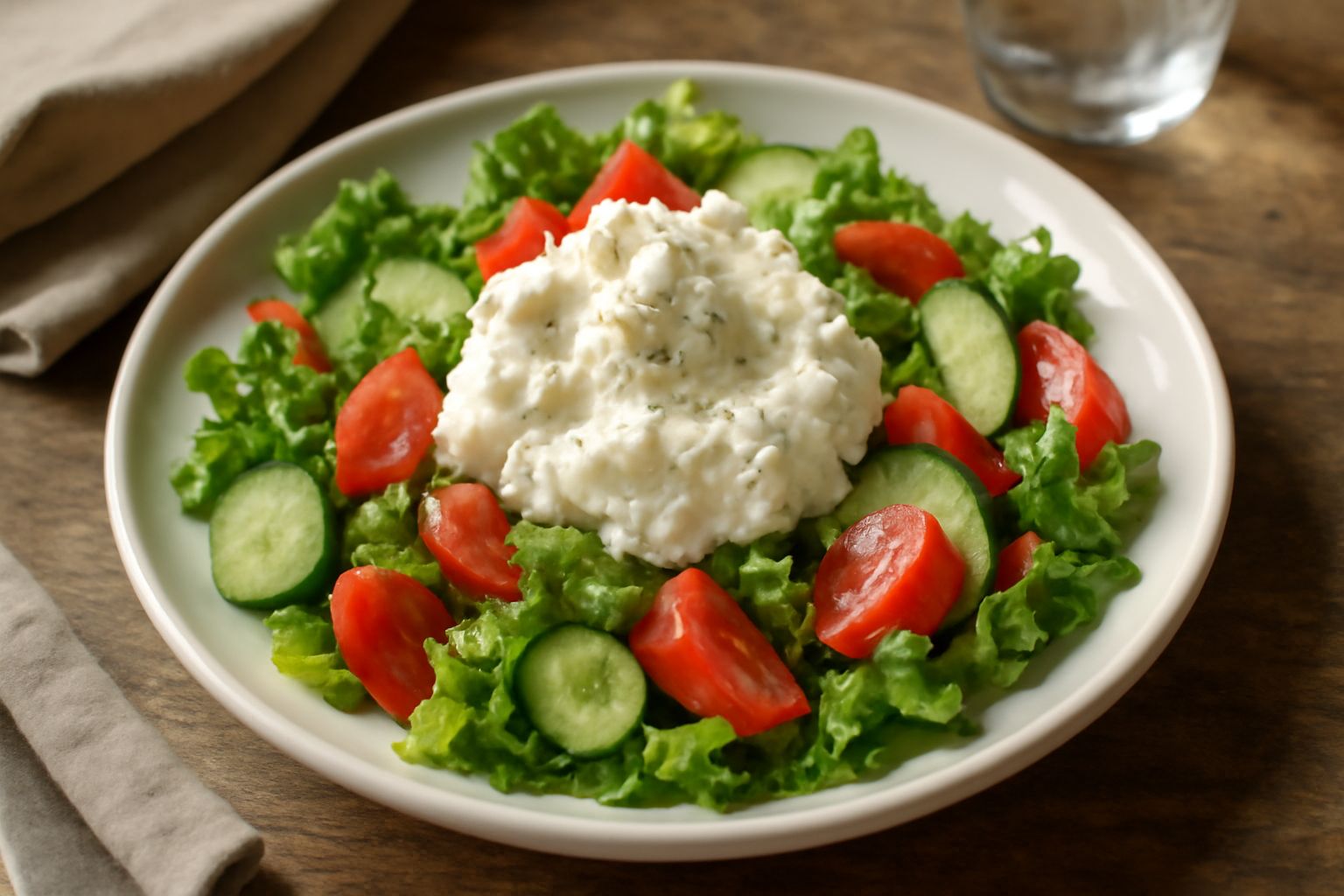 Insalata di ricotta in piatto bianco: ricotta bianca e cremosa circondata da lattuga verde croccante, pomodori rossi a dadini, cetrioli affettati sottili, olive nere intere, con un filo d'olio dorato 