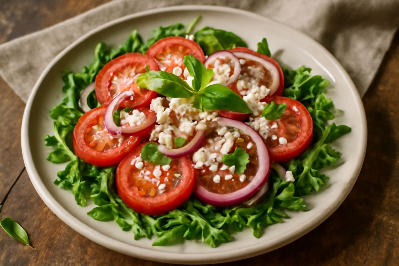 Insalata colorata in un piatto bianco con rucola verde, pomodori rossi, ricotta salata bianca sbriciolata, cipolla rossa e basilico fresco, condita con olio e limone