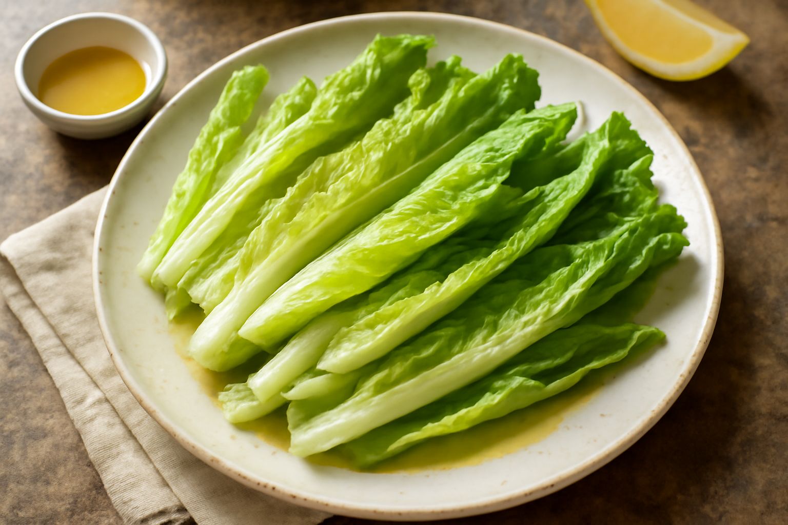 Insalata di rinascelle fresche e croccanti in ciotola bianca, foglie verde chiaro ondulate, condite con olio dorato, fettine sottili di limone giallo sparso in superficie, granelli di sale marino visi