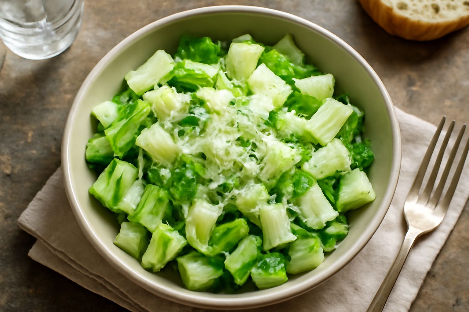 Insalata in ciotola bianca con rinascelle verdi e bianche croccanti, scaglie di formaggio fresco panna, pomodorini rossi, condimento dorato in fondo, tovaglietta di lino