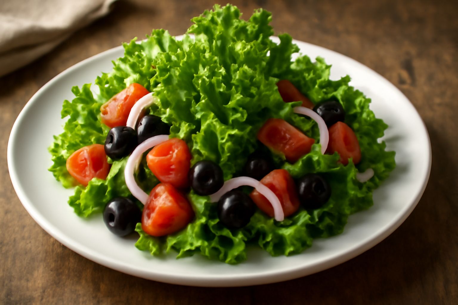 Insalata di rinascente in una ciotola bianca: foglie di cicoria riccia verde scuro e arricciata, pomodori rossi a pezzetti, olive nere snocciolate, cipolle bianche affettate sottili, il tutto cosparso