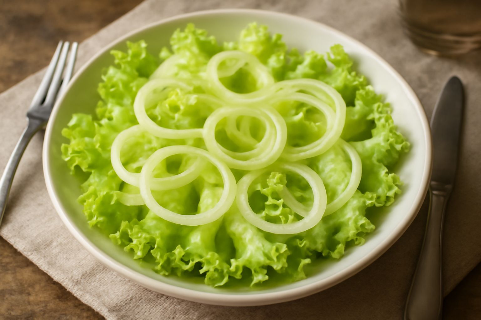 Insalata servita in ciotola di ceramica bianca con foglie di rinascente verde pallido e luminoso, fette di cipolla bionda trasparenti, gocce di olio d'oliva, sale grosso visibile, limone affettato ai 