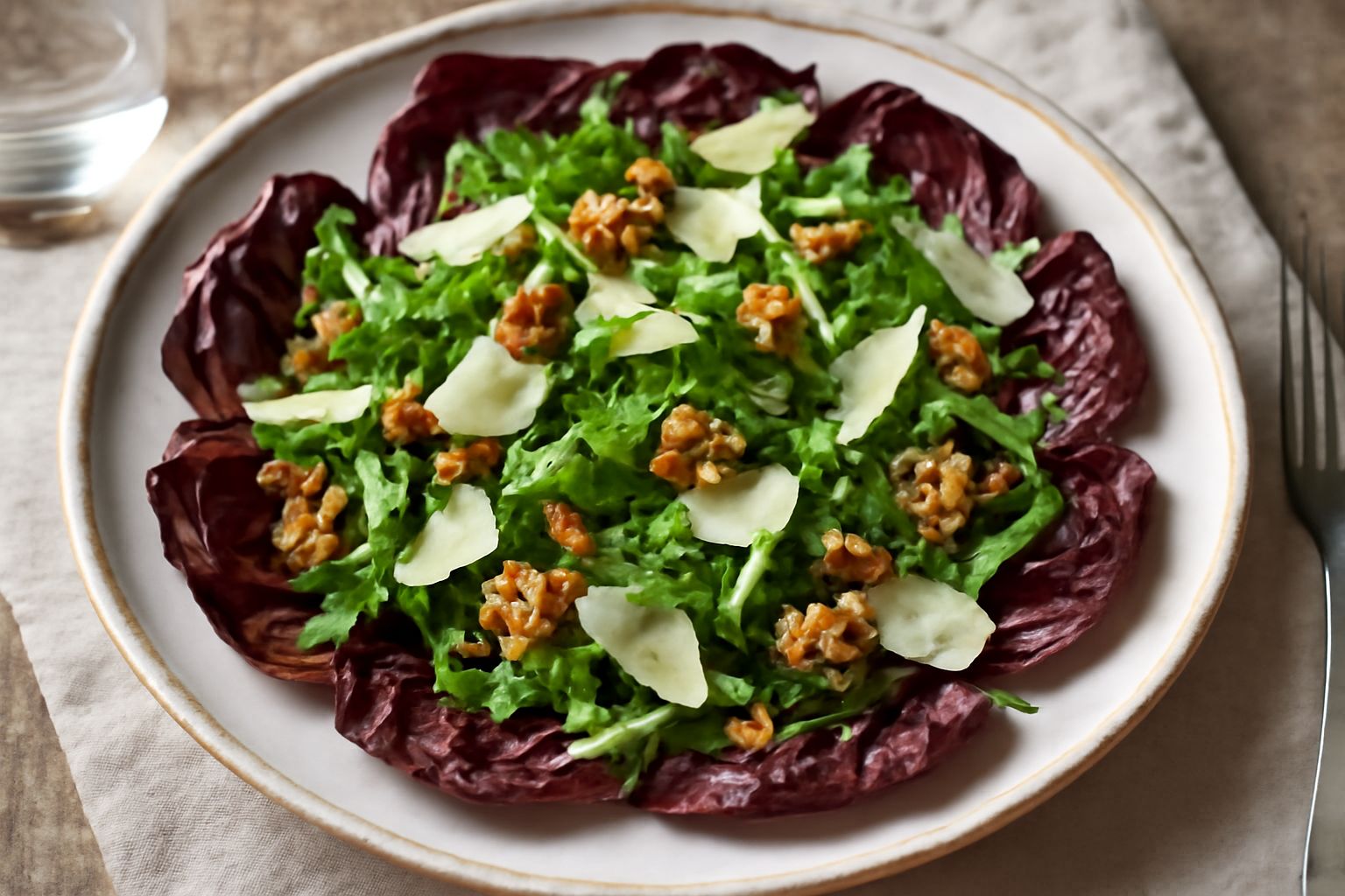 Insalata in piatto bianco con foglie di radicchio rosso scuro, rucola verde brillante, noci spezzate e scaglie di formaggio parmigiano sparse uniformemente