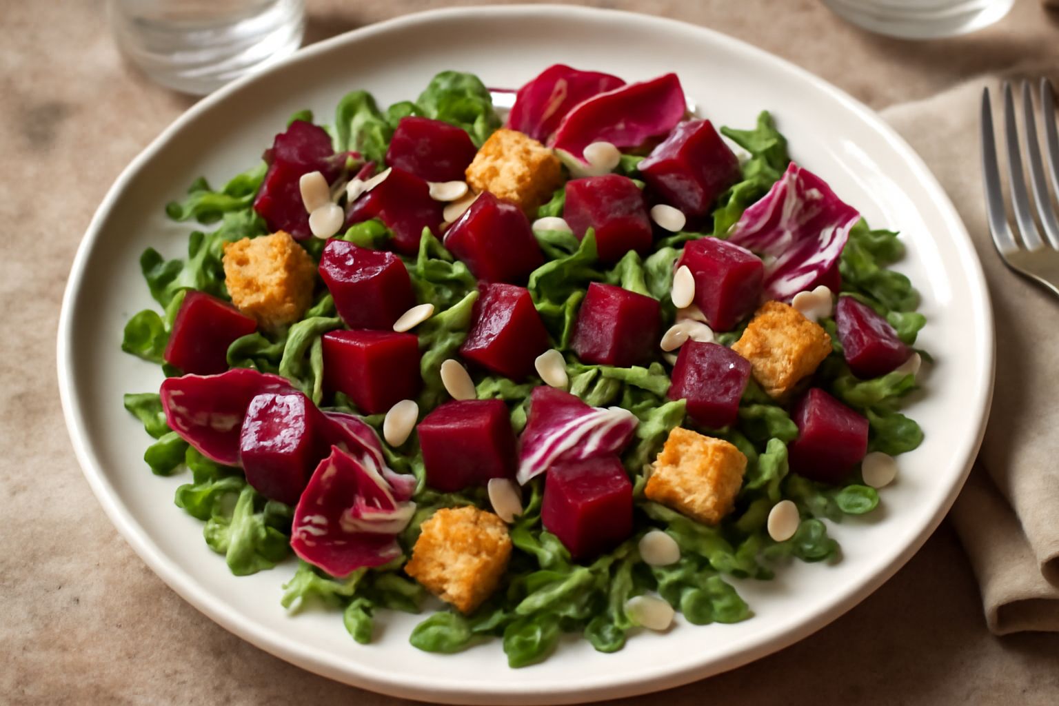 Insalata di rinascimento presentata in piatto bianco: rucola verde brillante, barbabietola rossa scura a cubetti, radicchio rosso sfogliato, crouton tostati color oro, semi di zucca sparsi, condimento