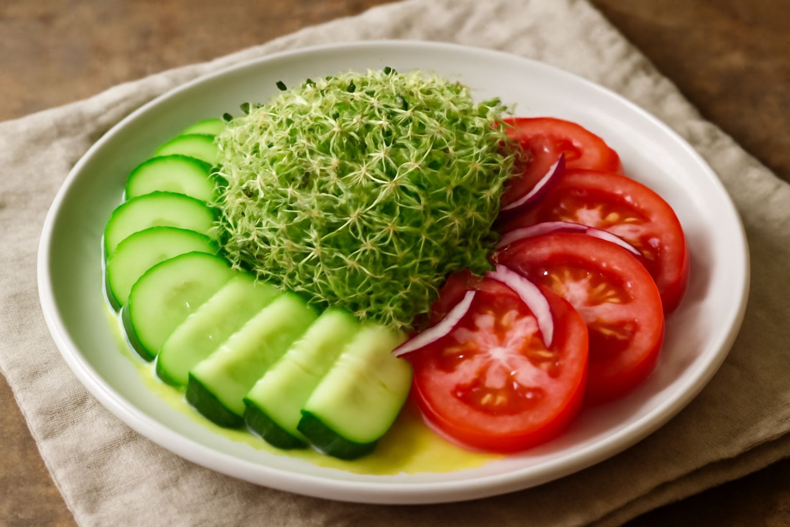 Insalata di rinascini in ciotola di vetro trasparente: germogli verdi croccanti, pomodorini rossi tagliati a metà, cetriolo affettato, cipolla rossa sottile, olio dorato sulla superficie, servita su t
