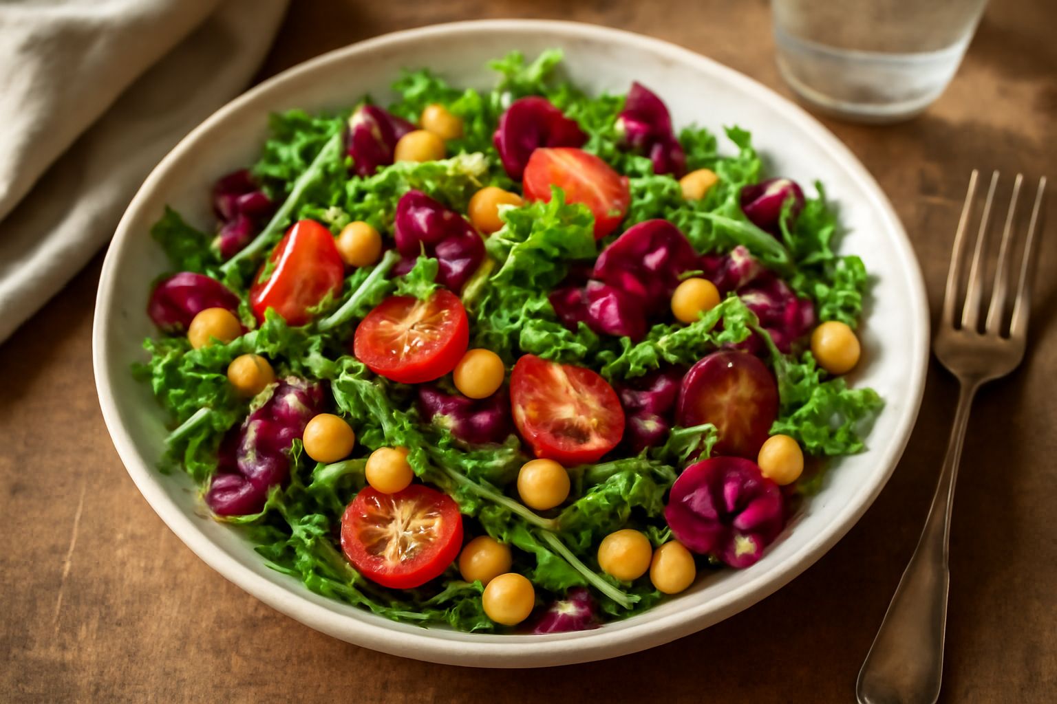 Insalata fresca in ciotola bianca con lattuga verde, cicoria rosso violaceo, ceci color beige, rucola scura e pomodorini gialli interi, condita con olio giallo chiaro e spolverate di semi di girasole 