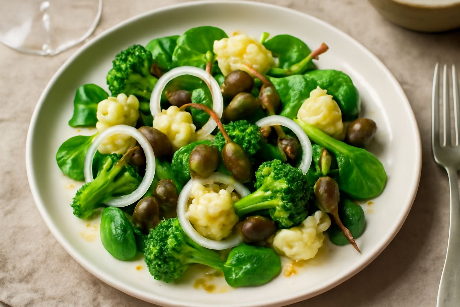 Insalata di verdure fresche tagliate a pezzetti, con capperi verdi e neri sparsi sulla superficie, olio dorato versato sopra, servita in un piatto bianco con accanto fette di pane tostato