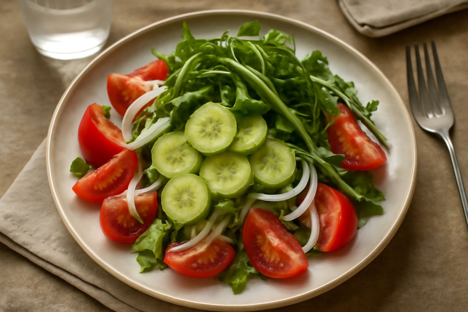 Insalata nel piatto bianco con cetriolini affettati in rondelle, pomodori rossi, cipolla bianca tenue, rucola verde e fette di pane tostato ai bordi; condimento d'olio dorato e gocce di aceto balsamic