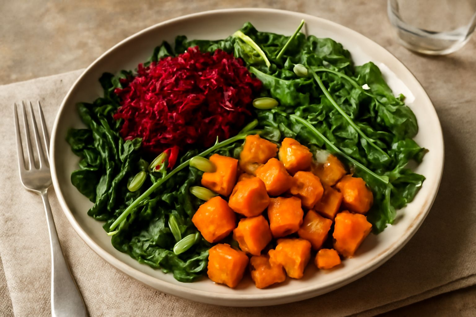 Insalata di rinascite in un piatto bianco: cicoria verde scuro, barbabietola rossa in julienne, rucola verde brillante, patata dolce arancione e cipolla rossa, condite con olio e limone, guarnite con 