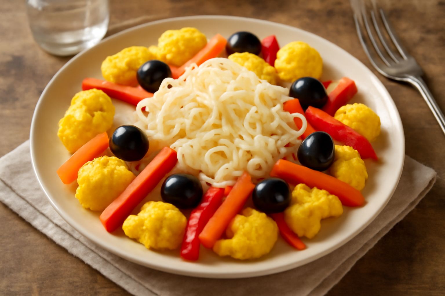 Insalata di rinforzo servita in piatto bianco con cavolo bianco finemente affettato, cavolfiore giallo, carote arancioni, olive nere e peperoni rossi, condita con olio lucente