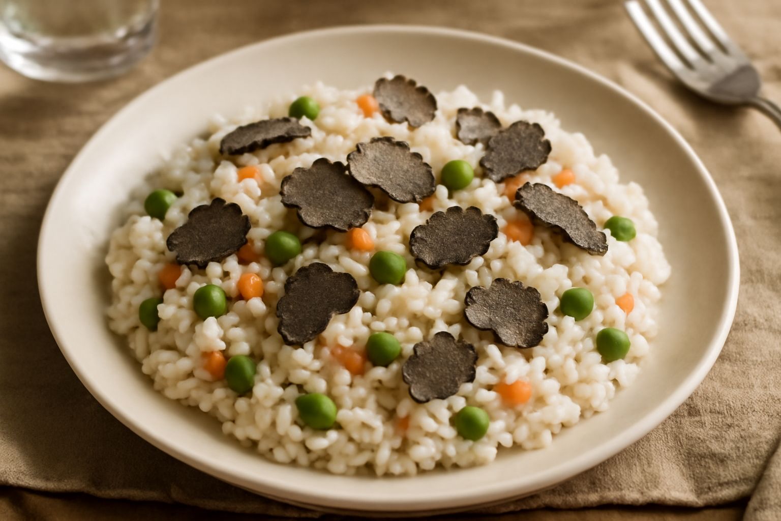 Insalata di riso bianca e grigia servita in ciotola di vetro trasparente, con grani di riso ben separati, pezzetti di carota arancione, piselli verdi brillanti, funghi bianchi affettati, e sottili lam