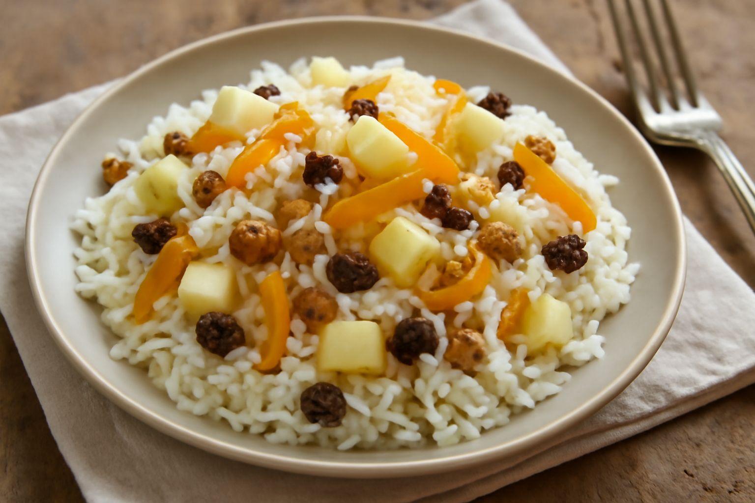 Insalata di riso bianco condita in una ciotola larga, con cubetti di mela gialla, albicocche arancioni, noci sgranocchiate, uvetta e una fogliolina di menta verde in cima, su sfondo bianco.