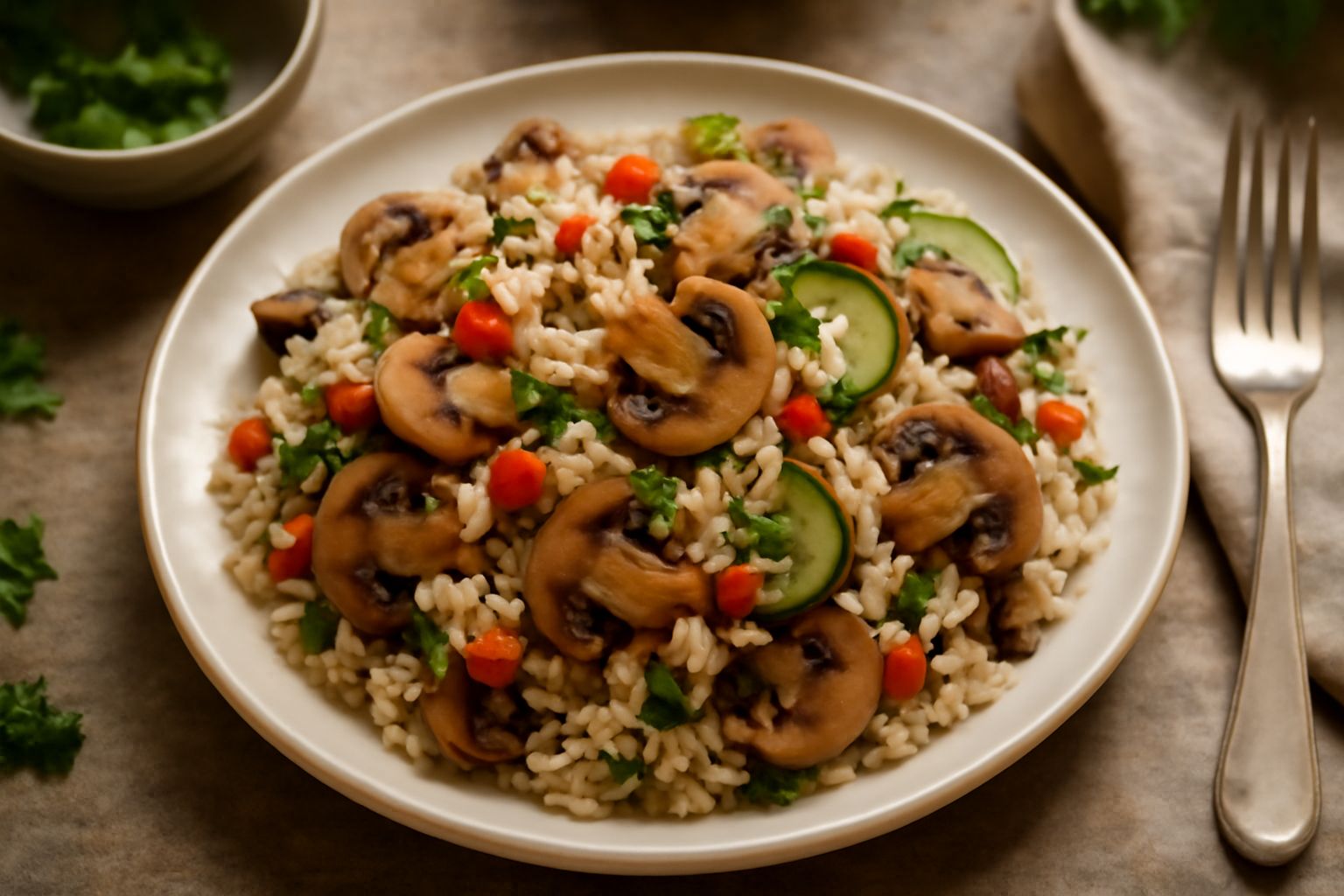 Insalata di riso con funghi trifolati in una ciotola bianca: chicchi di riso bianchi e integrali misti, funghi marroni a fettine, dadi di peperone rosso, fette sottili di cetriolo, prezzemolo verde fr