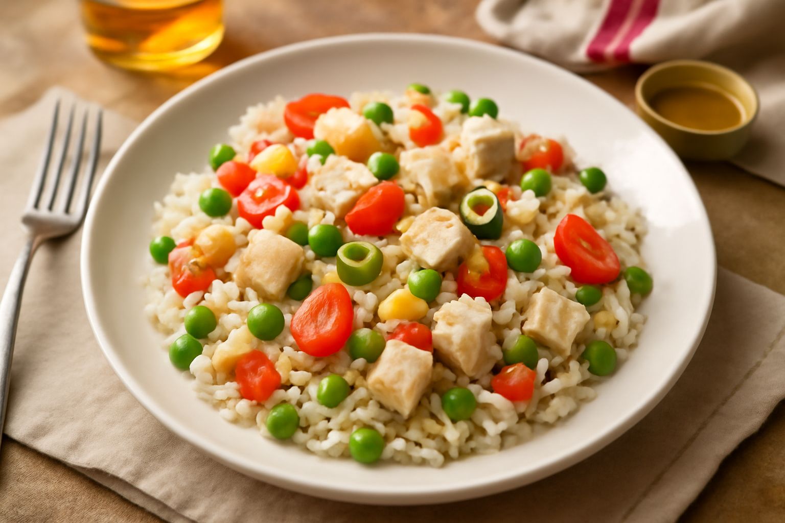 Insalata di riso in una ciotola bianca, con chicchi di riso ben separati, cubetti di pollo bianco, piselli verdi, pomodori rossi, lattuga affettata e un filo d'olio in superficie, servita su un tavolo