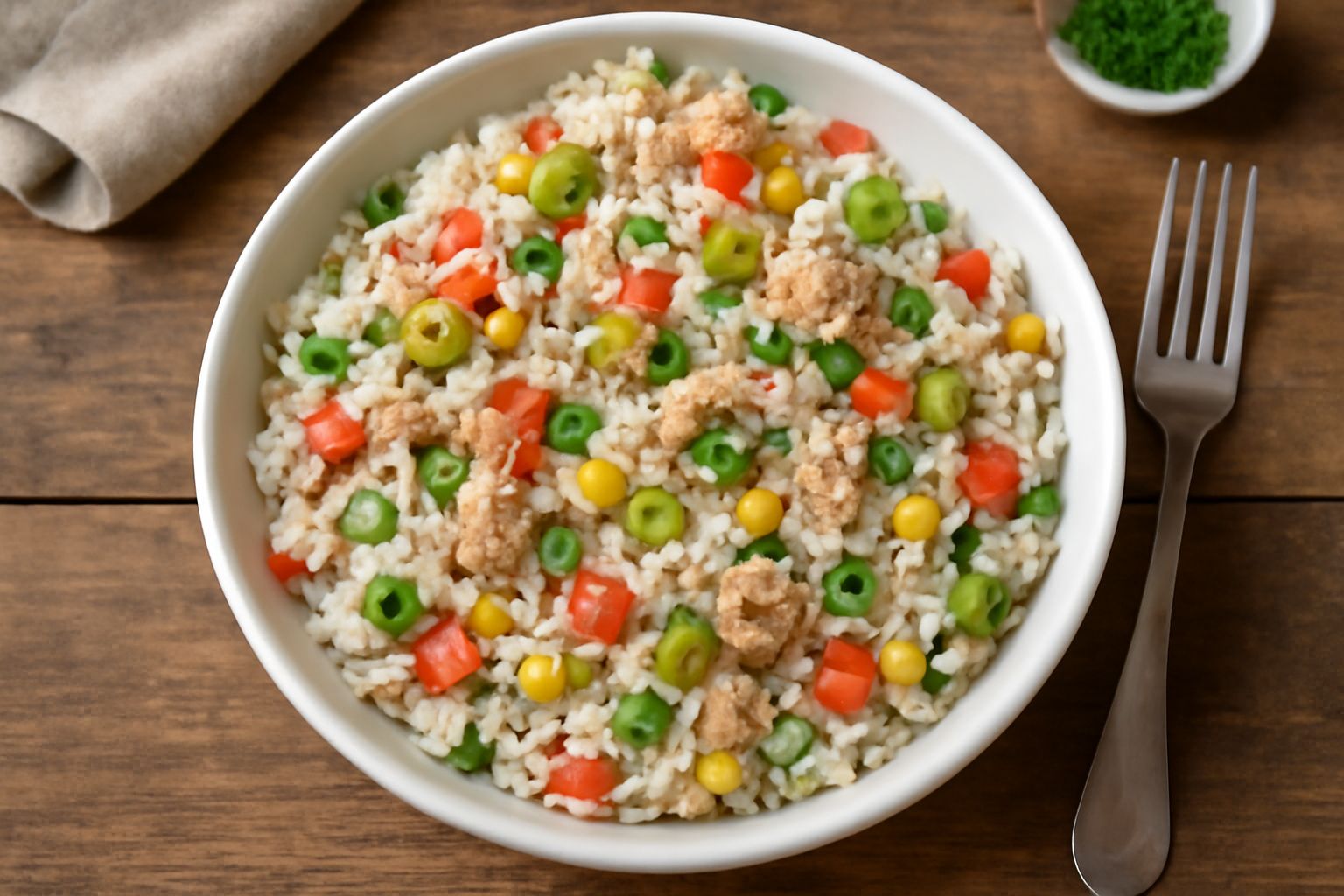 Insalata di riso con tonno servita in un piatto bianco: chicchi di riso bianco leggermente brillanti, scaglie di tonno rosa chiaro, cubetti di verdure colorate (pomodori rossi, cetrioli verdi, carote 