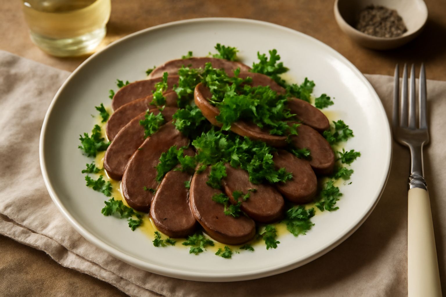 Piatto bianco con insalata di rognone affettato sottile, colore marrone chiaro, condita con olio lucido e prezzemolo verde, contornata da fette di limone fresco