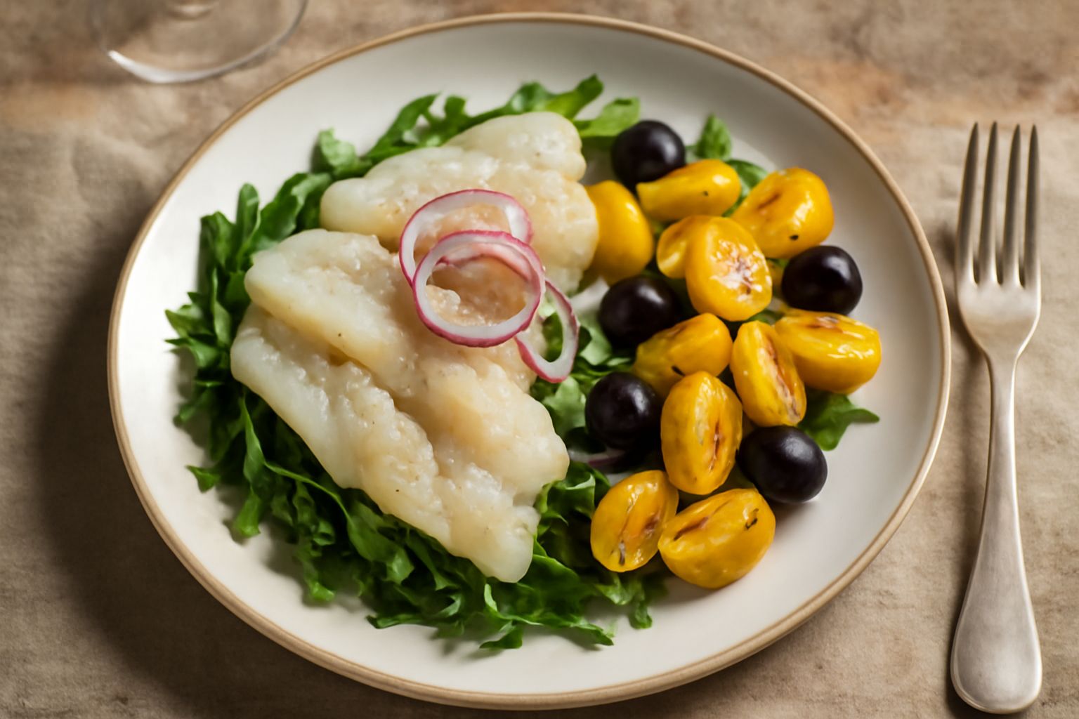 Piatto bianco con insalata di rombo: fettine di pesce bianco traslucido accanto a rucola verde scuro, pomodorini gialli, limone tagliato e gocce di olio d'oliva, decorato con aneto fresco