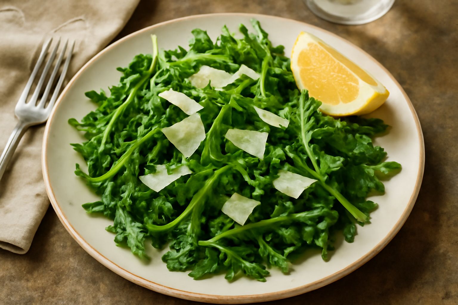 Insalata di rucola fresca in un piatto bianco, foglie verde scuro ondulate, condita con olio dorato, scaglie di parmigiano e gocce di limone brillante, su sfondo neutro