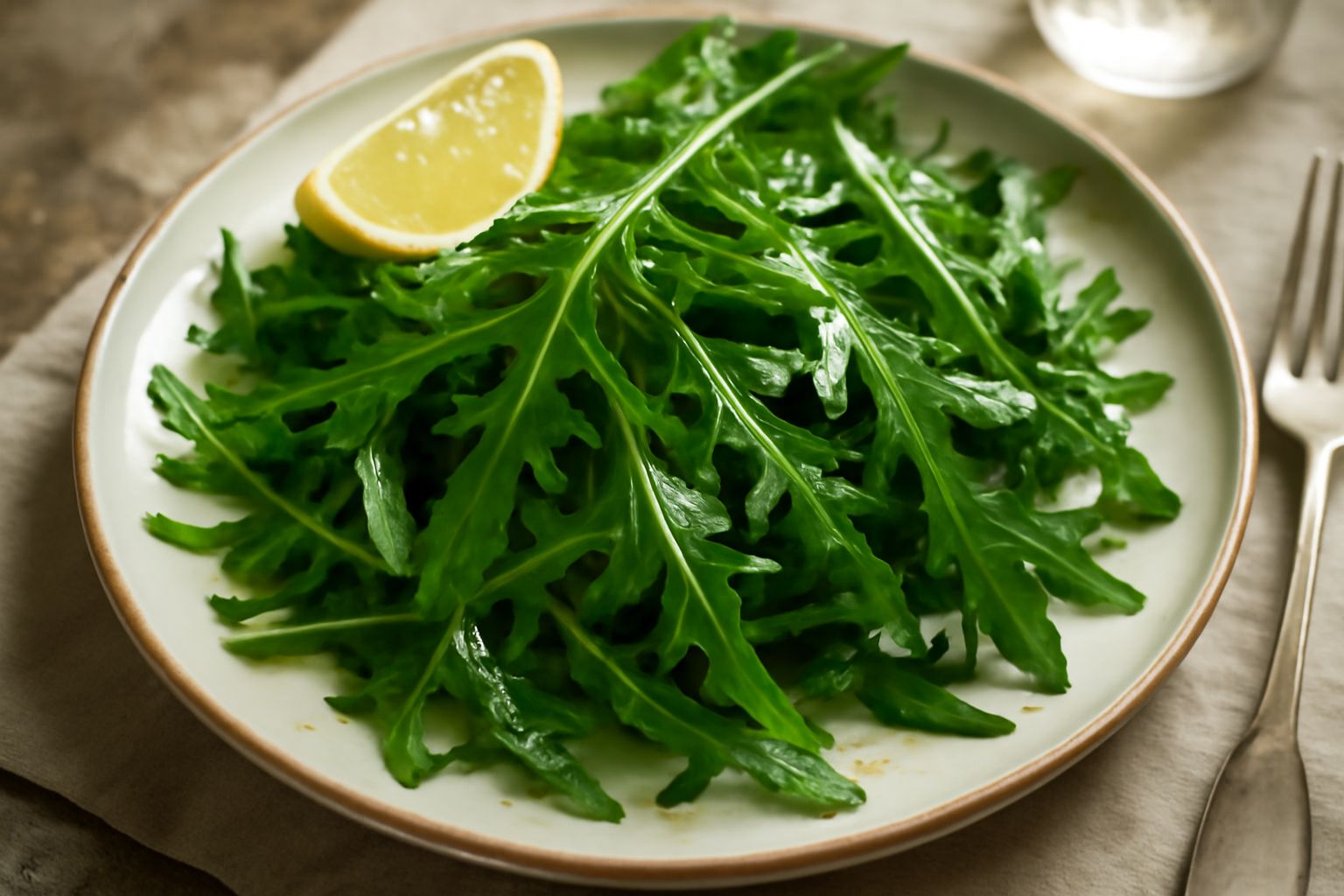 Insalata di rucola verde brillante in una ciotola bianca, con gocce di limone, scaglie di parmigiano, olio lucido in superficie, limone affettato a lato