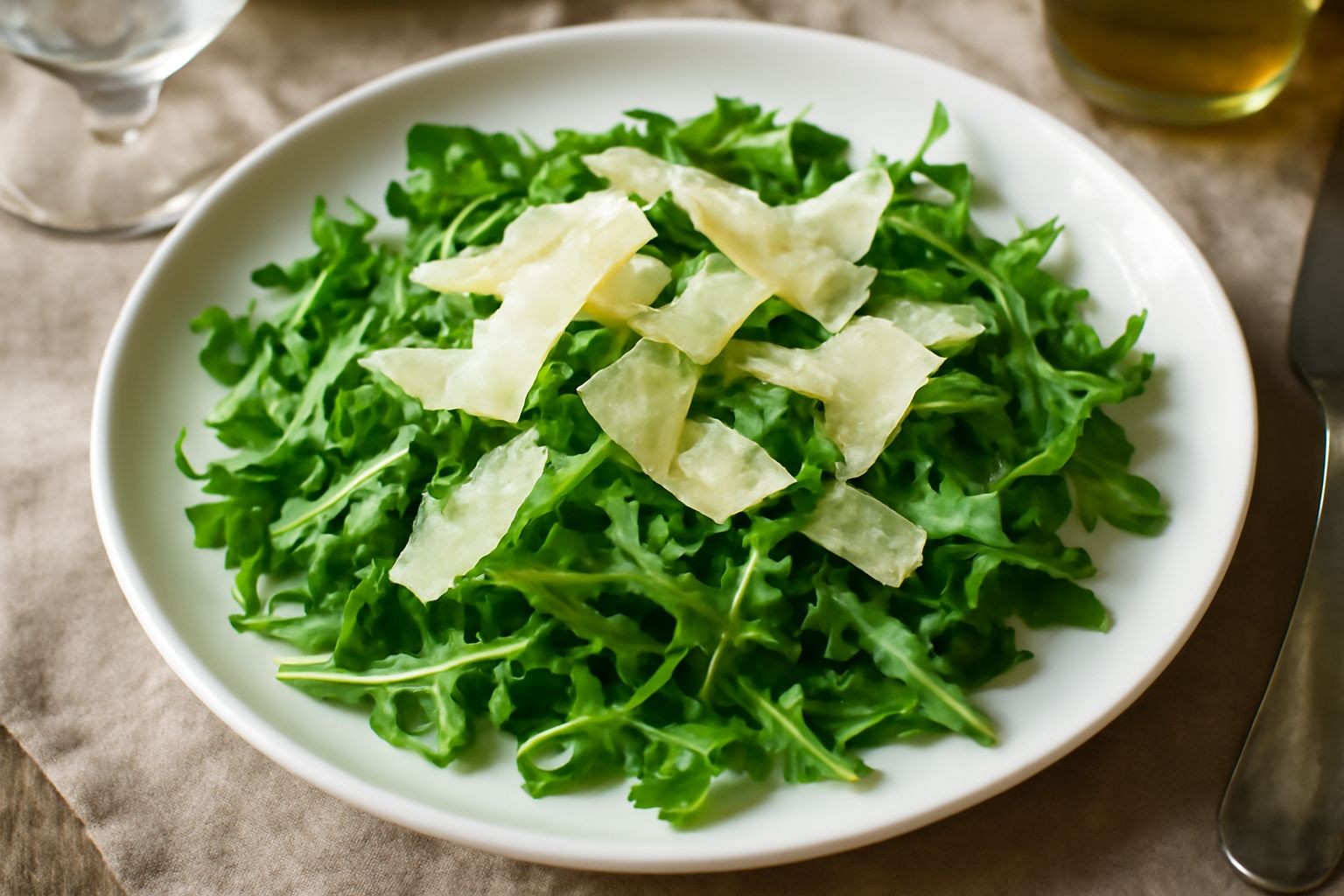 Insalata di rucola verde con scaglie di parmigiano bianche, olio d'oliva brillante, in ciotola di ceramica, illuminazione naturale