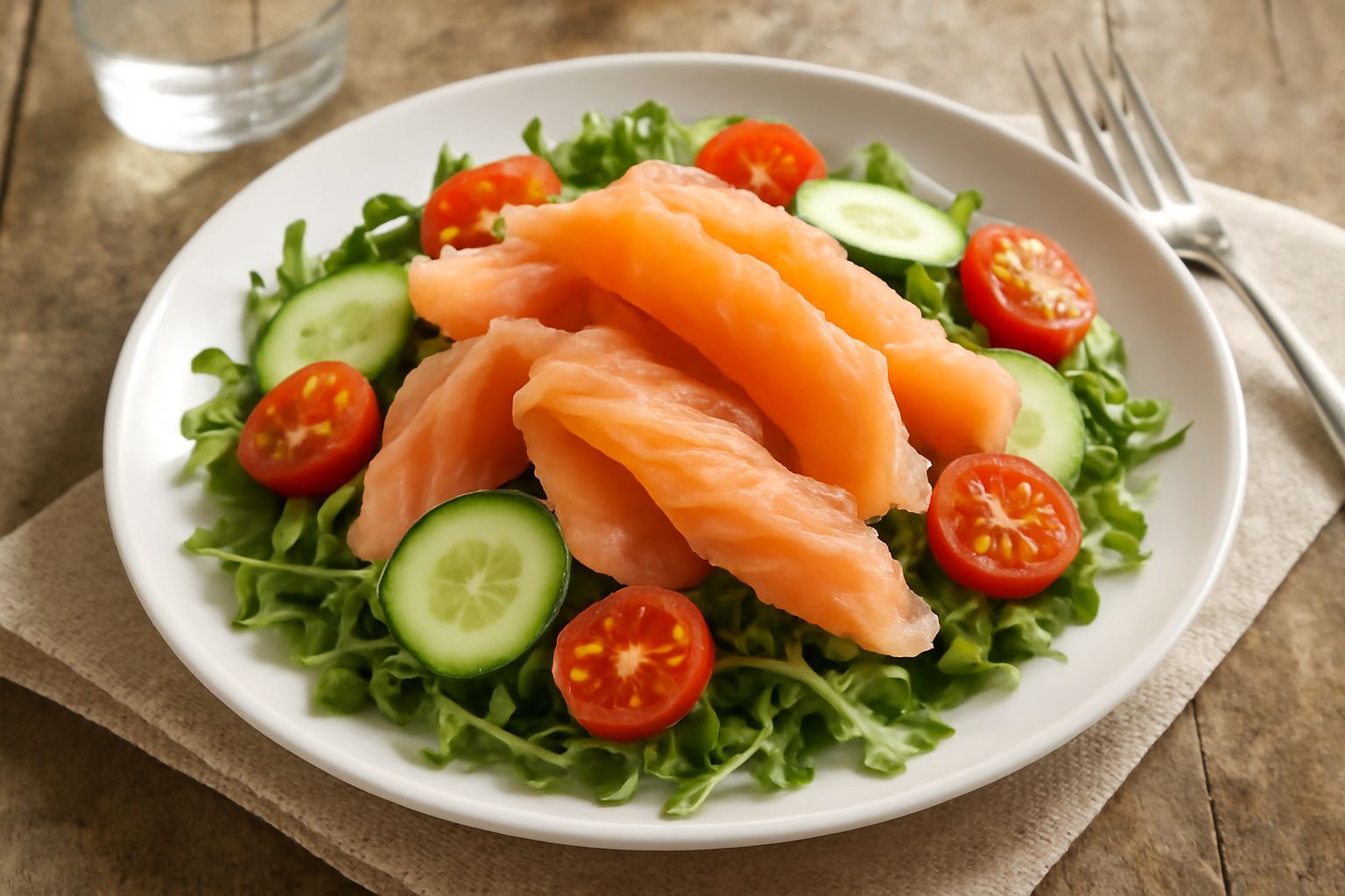 Piatto bianco con letto di rucola verde e lattuga, filetti di salmone affumicato rosa pallido, cetrioli affettati, pomodorini rossi tagliati a metà, olive nere e un filo di olio d'oliva lucente sulla 