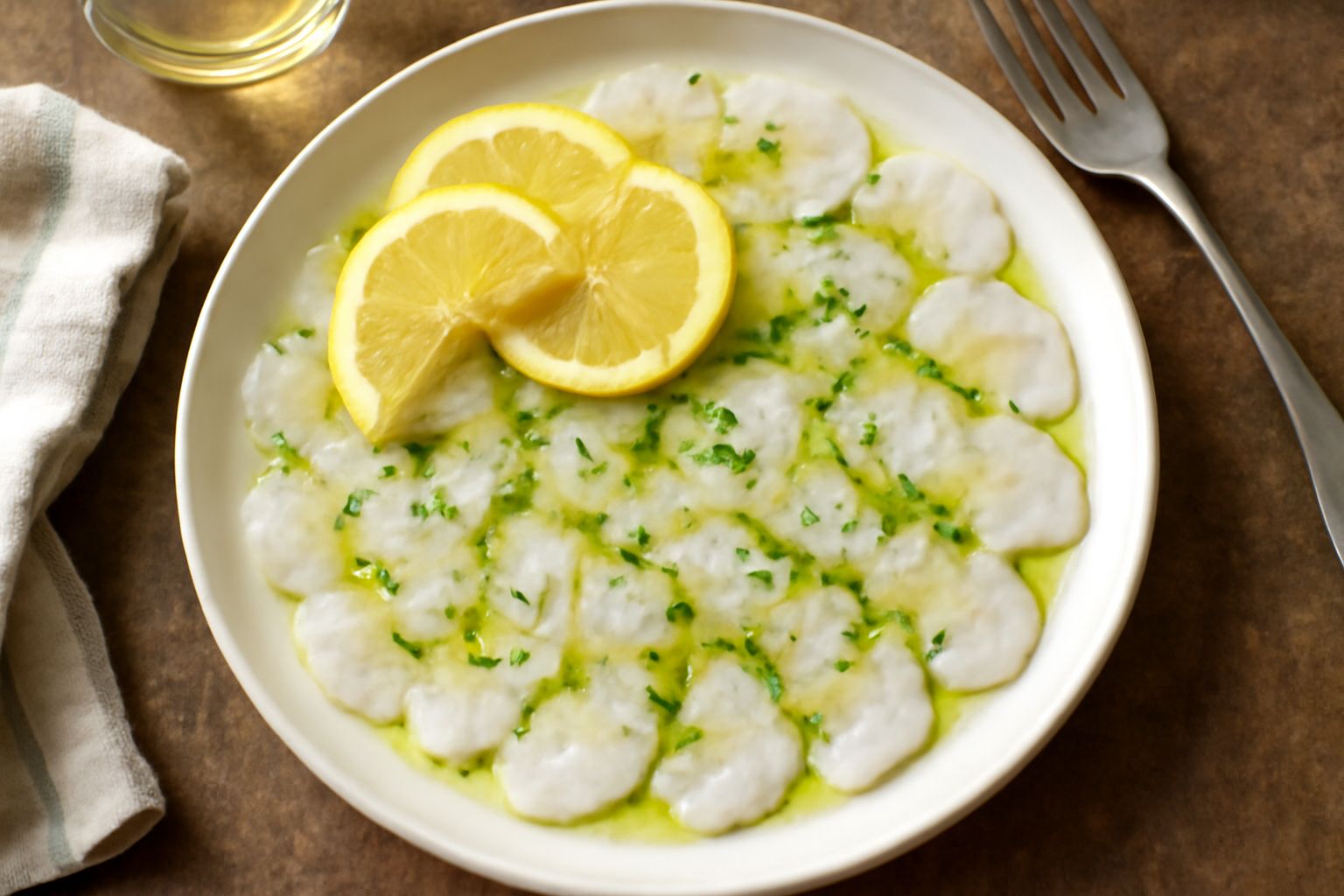 Insalata di salpa servita in piatto bianco: filetti di pesce bianco traslucido marinato al limone, con fettine sottili di limone giallo, olio verde brillante, cipolla rossa in strisce fini e prezzemol