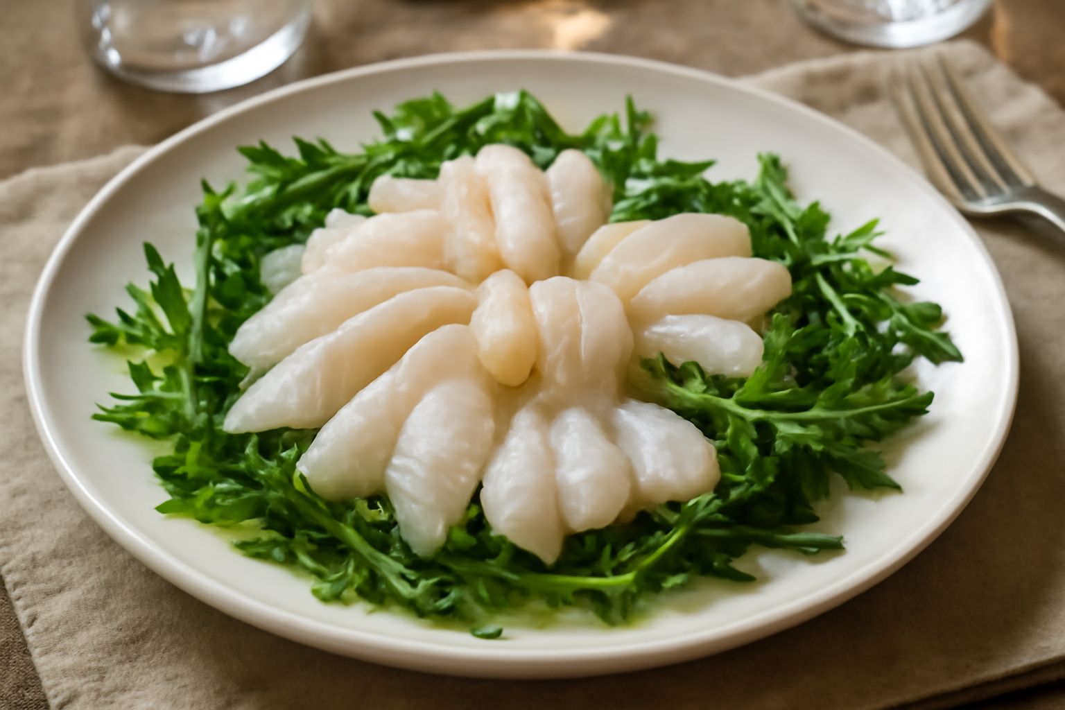 Piatto bianco con fettine sottili di sarago crudo bianchicce, marinato, circondate da foglie di rucola verde e gocce trasparenti di limone, con olive nere sparse e olio d'oliva lucido in superficie