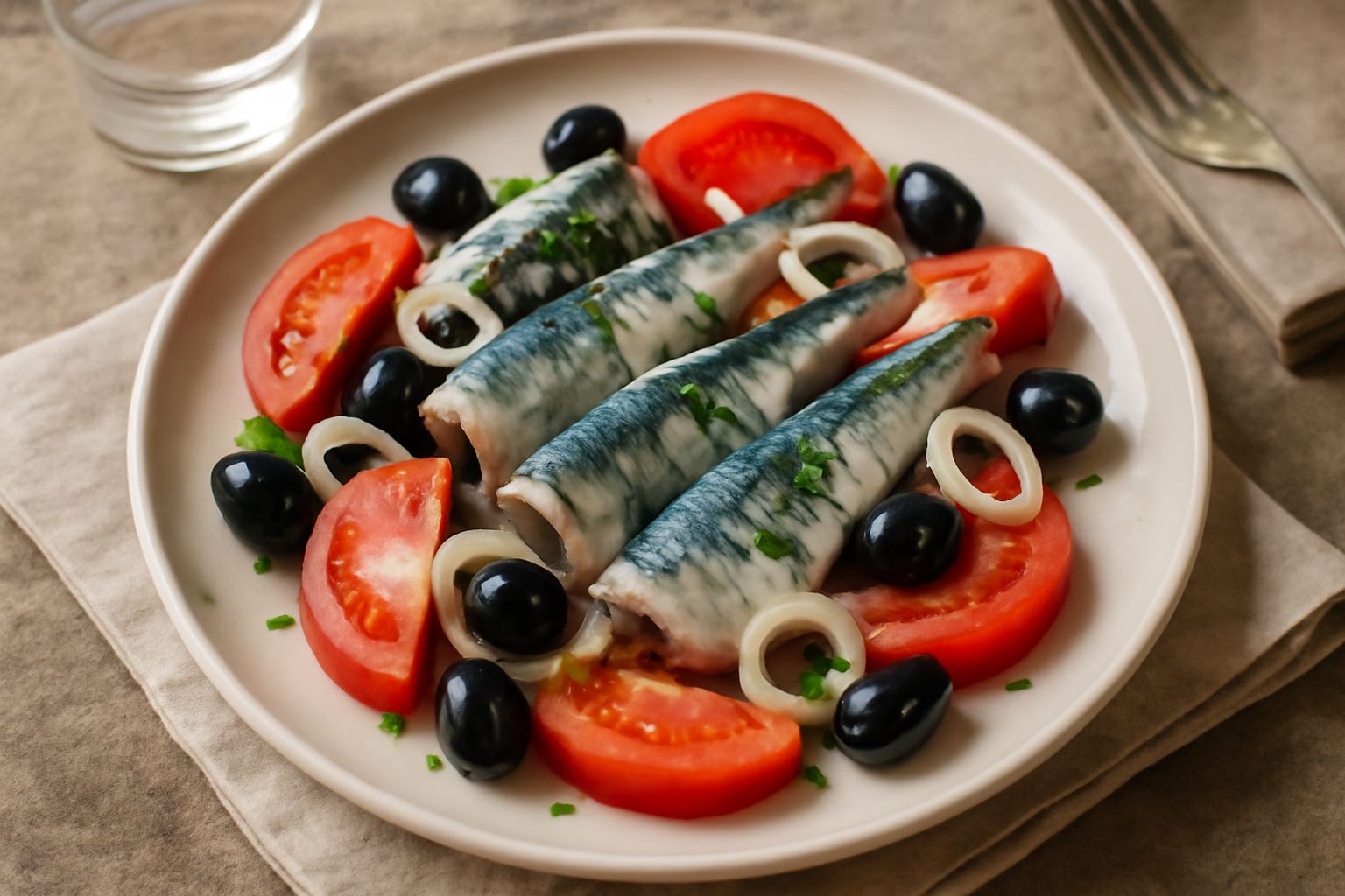 Insalata di sarde in piatto bianco con sarde intere grigio-azzurrognole, pomodori rossi a spicchi, cipolla bianca, olive nere, prezzemolo verde fresco e un filo di olio dorato, su fondo di marmo grigi