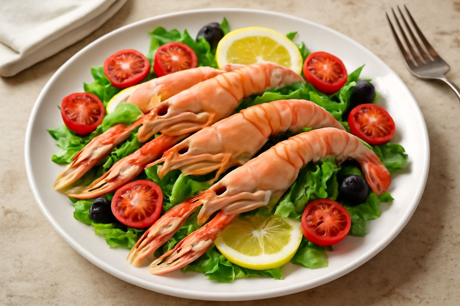 Insalata di scampi in piatto bianco: scampi rosati su letto di rucola e lattuga verde, decorata con fettine sottili di limone giallo, pomodorini rossi tagliati a metà e gocce di olio d'oliva trasparen